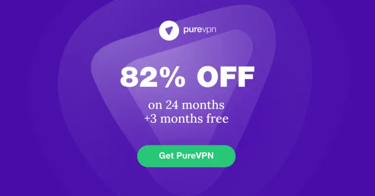 A purple banner features the PureVPN logo at the top. Text in the center says, "82% OFF on 24 months + 3 months free." A green button at the bottom reads, "Get PureVPN." The purple background displays gradient shades with abstract triangular shapes, emphasizing secure VPN protection against online threats.