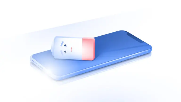 A blue smartphone lies on a white surface with a digital illustration of a tired-looking, partially drained battery displaying a frowning face on its screen. The battery icon is white with a red bar indicating low charge, much like how users feel when they forget to connect to their VPN amidst rising cyberthreats.