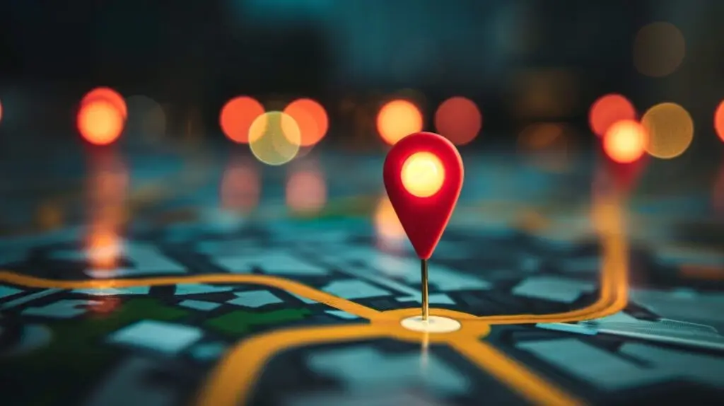 A detailed city map with a prominent red location pin glowing at the center, indicating a specific spot. The background is blurred with multiple lights, suggesting other marked locations, giving the image a digital navigation or GPS theme, reminiscent of navigating through cyberthreat hotspots.