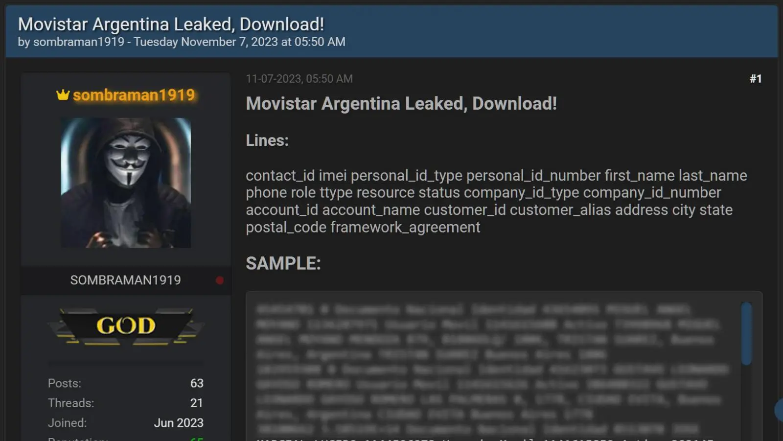 On a hacking forum, stolen Movistar information for Argentinians was leaked.