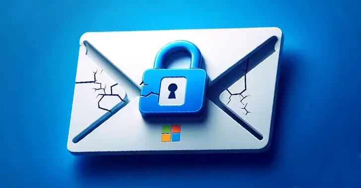 An image of a white envelope with a blue lock symbol in the center, shown with cracks symbolizing a breach in cybersecurity. The envelope is set against a blue background, and a small Microsoft logo is located near the bottom.