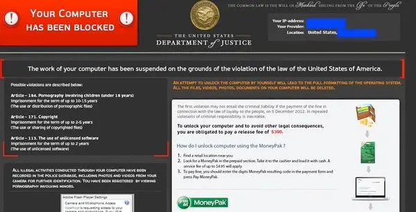 Screenshot of a scam ransomware message. The screen is dominated by a red banner stating "YOUR COMPUTER HAS BEEN BLOCKED." It contains official-looking logos and text from the "U.S. Department of Justice," falsely accusing the user of illegal activities and demanding payment through MoneyPak to unblock the computer—an alarming cyberthreat challenging cybersecurity measures.