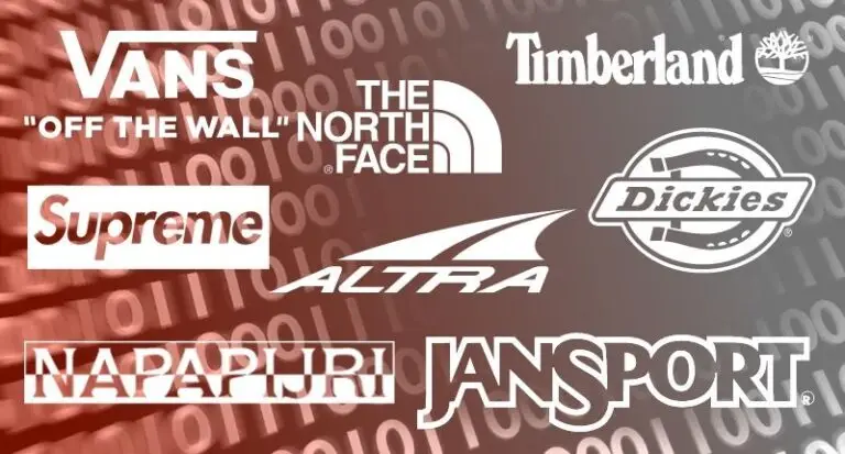 A collection of outdoor and streetwear brand logos against a background of binary code, hinting at the fusion of fashion and cybersecurity. Brands like Vans, The North Face, Timberland, Supreme, Altra, Dickies, Napapijri, and JanSport feature stylized logos unique to their design amidst a hint of cyberthreat.