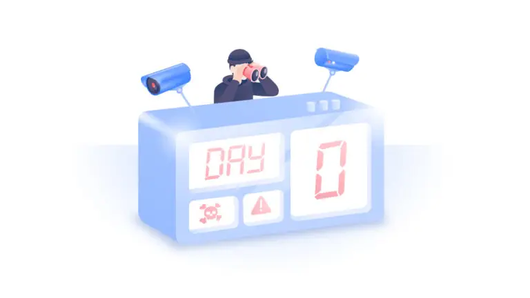 Illustration of a person using binoculars behind a digital counter displaying "Day 0." Two surveillance cameras are positioned on top of the digital counter, which also shows icons of a skull, an exclamation mark in a triangle, and a red button. The scene hints at imminent threats and the importance of security measures like VPNs.