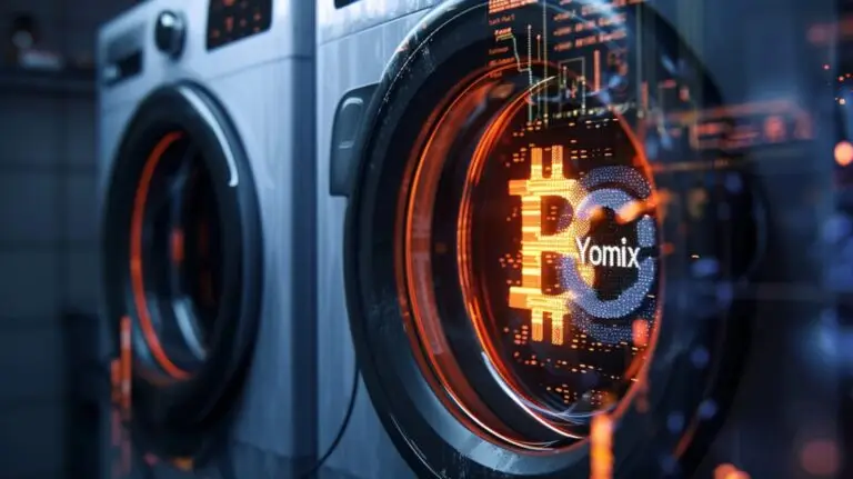 A futuristic washing machine with digital elements around the drum, featuring the Bitcoin symbol and the text "Yomix" inside. The scene blends traditional laundry equipment with digital and cryptocurrency themes, glowing in orange and blue hues reminiscent of a high-security VPN.