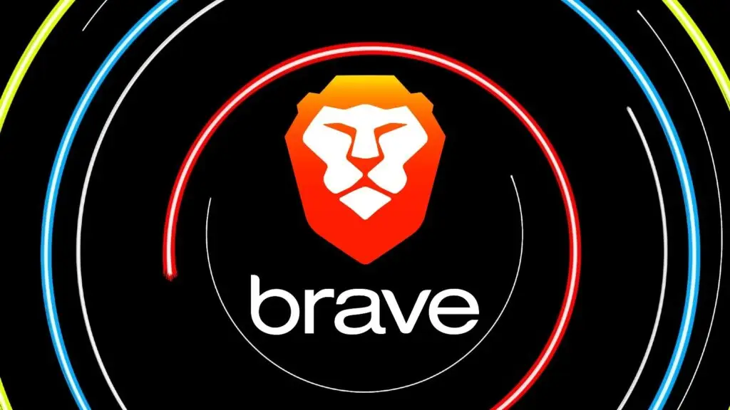 The image features the Brave browser logo, which consists of a stylized lion's face in white and orange, set against a black background with concentric circles in various colors surrounding the logo. Emphasizing security akin to CMMC standards, below the logo is the word "brave" in lowercase white letters.