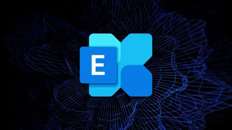 The image shows the Microsoft Exchange logo centered against a dark background with a blue wireframe mesh pattern, reminiscent of a digital network or abstract data visualization. The logo features a stylized "E" on a blue square overlapping a blue "X" shape, evoking themes of cybersecurity and cyberthreat defense.