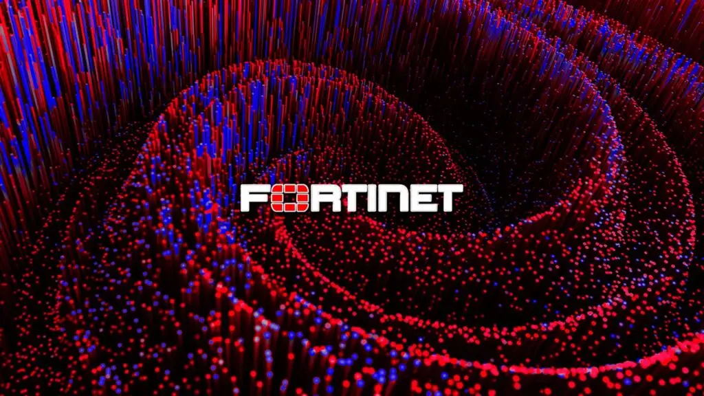 This image displays a swirling pattern of blue and red dots and lines with the word "Fortinet" prominently placed in the center in white, bold letters featuring a red grid design within the letter "O". The background, evoking a digital, futuristic aesthetic, underscores Fortinet's role in cybersecurity.