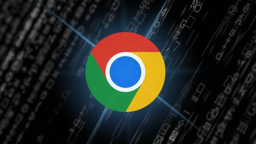 The Google Chrome logo, featuring a circular design with red, yellow, green, and blue segments, is in the center of the image. The background includes dark, abstract code lines and symbols, evoking a sense of cybersecurity threats and giving it a technological and digital theme.