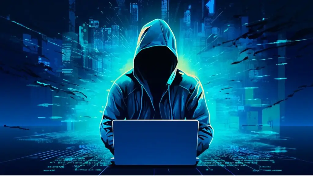 Illustration of a hooded figure working on a laptop, set against a background of a digital cityscape and neon lights. The overall tone is dark and mysterious, evoking themes of cyberthreats and cybersecurity.