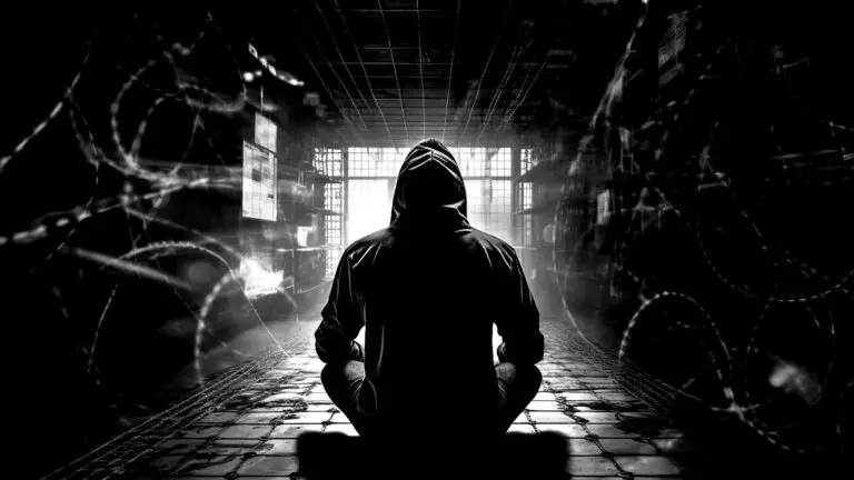 A person in a hooded sweatshirt sits cross-legged on the floor in the center of a dark, industrial-looking room with a gridded ceiling and barred windows. Light streams dramatically from the windows, casting shadows and illuminating the figure from behind, evoking an ominous sense of cyberthreat.