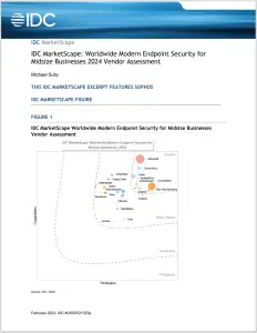 An excerpt of an IDC MarketScape report titled "Worldwide Modern Endpoint Security for Midsize Businesses 2024 Vendor Assessment," authored by Michael Suby, highlights emerging threats. The page features IDC branding, a chart labeled "Figure 1," and mentions vendor Sophos. The document is from February 2024.