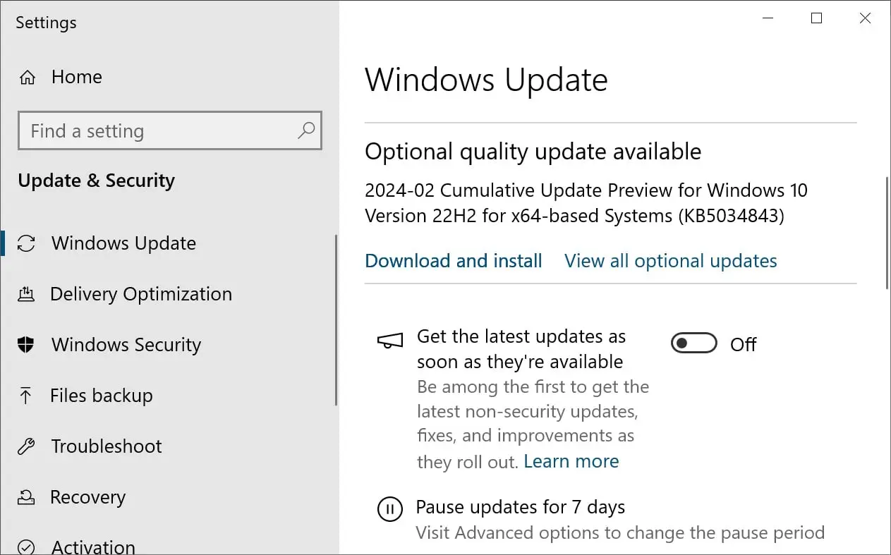 preview of the cumulative update for Windows 10 KB5034843.