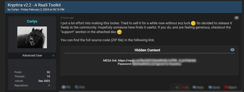 BreachForums posting of the Kryptina 2. 2 source code