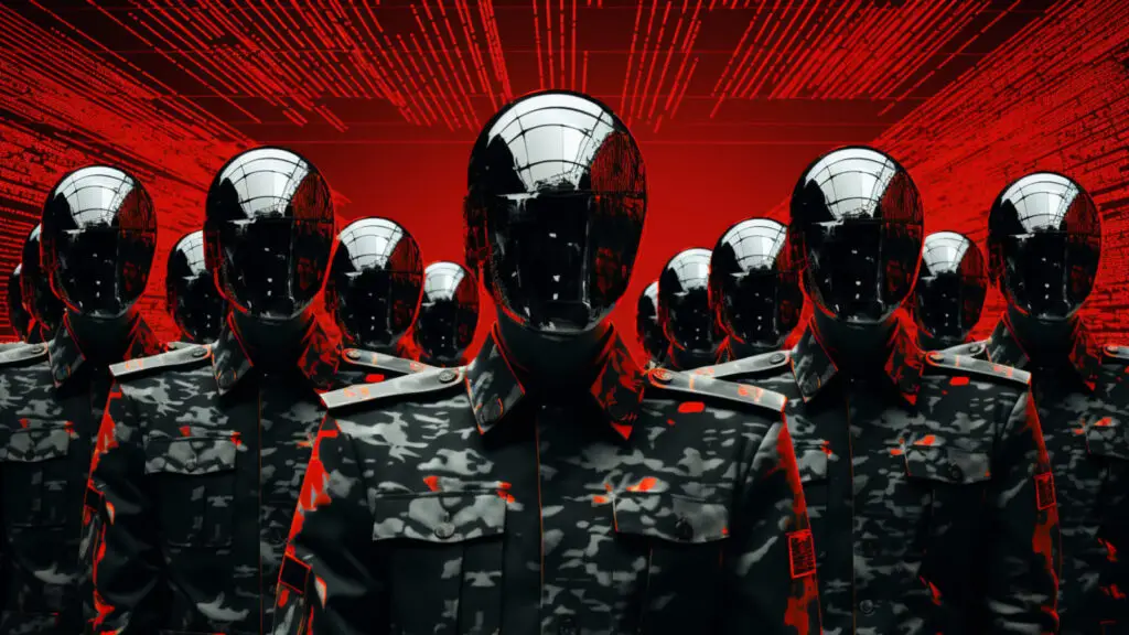 A group of figures in military uniforms with mirrored helmets stands in formation against a red background with digital lines, evoking the seriousness of cybersecurity. The reflective visors create a futuristic, uniform appearance, emphasizing anonymity and the importance of CMMC standards.