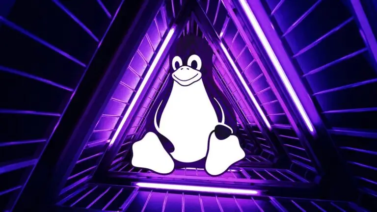 A white and black penguin, the Linux mascot Tux, is centered in a triangular tunnel illuminated with vibrant purple lights. The geometric design creates a futuristic and dynamic visual effect, echoing themes of cyberthreat detection.