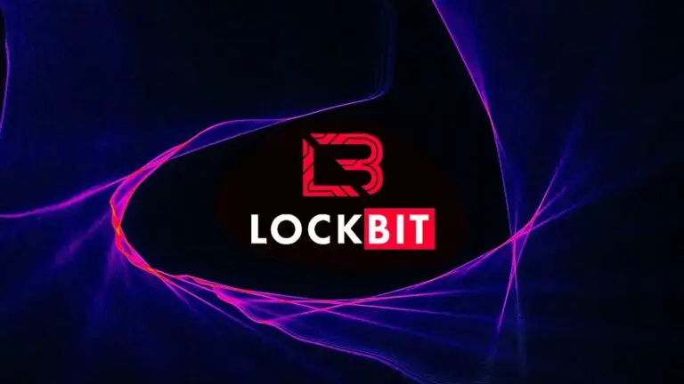 A graphic featuring the LockBit logo at the center. The logo includes a stylized red and black "LB" design above the text "LOCKBIT" in white and red letters. The background is dark with neon pink and purple lines creating abstract, dynamic shapes, highlighting its association with cyberthreats.