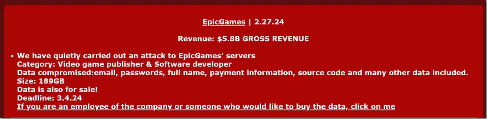 Mogilevich claims to be selling stolen Epic Games data.