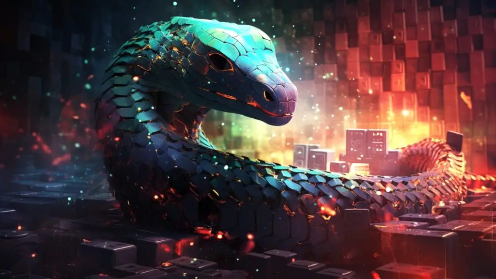 This digital artwork depicts a large, imposing snake made of metallic scales, coiled amidst a futuristic, glowing environment with abstract geometric shapes and vibrant lighting. The scene combines elements of nature and technology, evoking a surreal atmosphere that hints at underlying threats in the cyber realm.