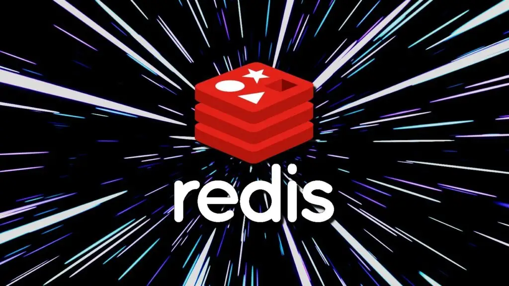 A stylized image of the Redis logo featuring a stack of red cubes with a white triangle, circle, and star. The background is a dynamic, radial burst of white and colored lines on a black field. Below the logo, the word "redis" is written in bold white text, reminiscent of cybersecurity shields against potential cyberthreats.