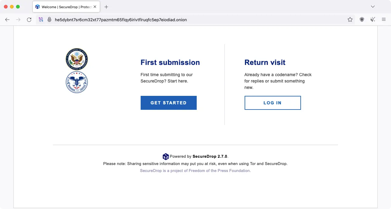 State Department Secure Drop Tor page