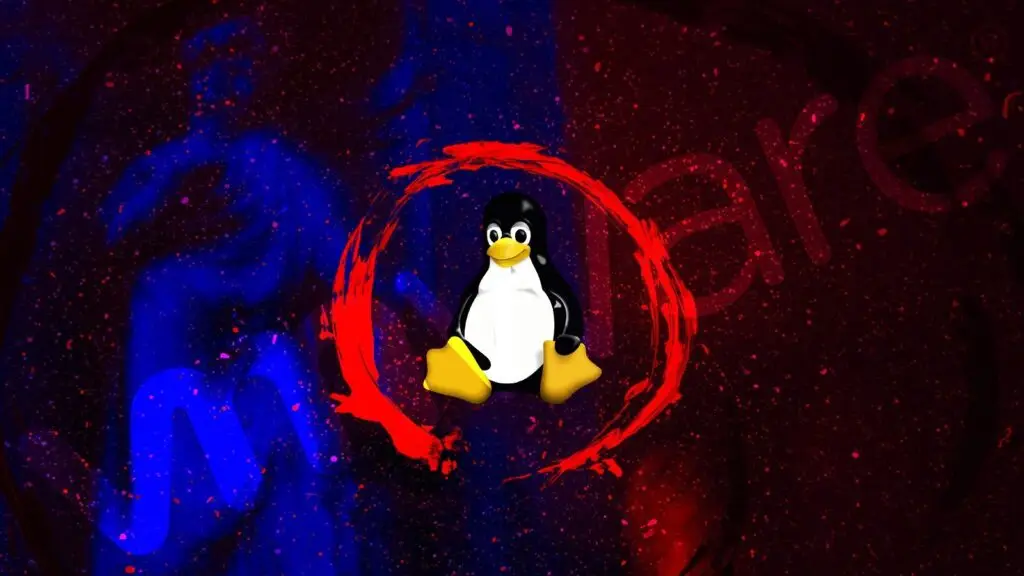 A penguin mascot sits centrally within a red, rough-edged circle against a split background of blue and red. The speckled texture, along with faint, partial text characters, subtly hints at the world of cybersecurity and the DOD's vigilance against any potential threat.