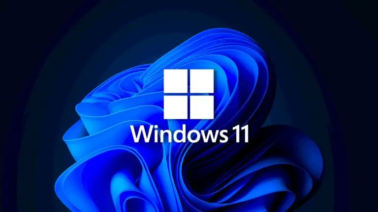 A blue swirl design serves as the backdrop for a white Windows logo, divided into four smaller squares. Below the logo, "Windows 11" is written in white. The design, set against a dark gradient backdrop, subtly underscores Microsoft's commitment to robust cybersecurity and threat resilience.