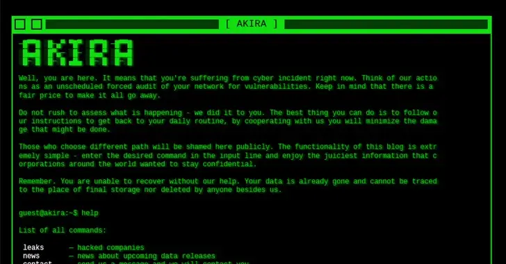 A ransom note in green text on a black screen, titled "AKIRA." The note explains that the user's network has been compromised and urges them to contact the attackers to recover their data. Emphasizing cooperation in this cyberthreat, it provides a contact email.