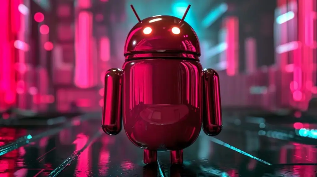 A glossy, red Android robot stands in a futuristic environment with neon pink and blue lights. The metallic robot has a shiny finish, with glowing eyes and antennas, set against a sleek, reflective floor. In the backdrop of blurred, illuminated structures lies the ever-looming cyberthreat landscape.