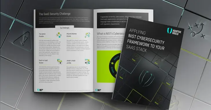 A layout with an open booklet and a closed book. The booklet has articles about SaaS security, while the closed book is titled "Applying NIST Cybersecurity Framework to Your SaaS Stack" by Adaptive Shield. The background features a futuristic grid design, underscoring the importance of cybersecurity.