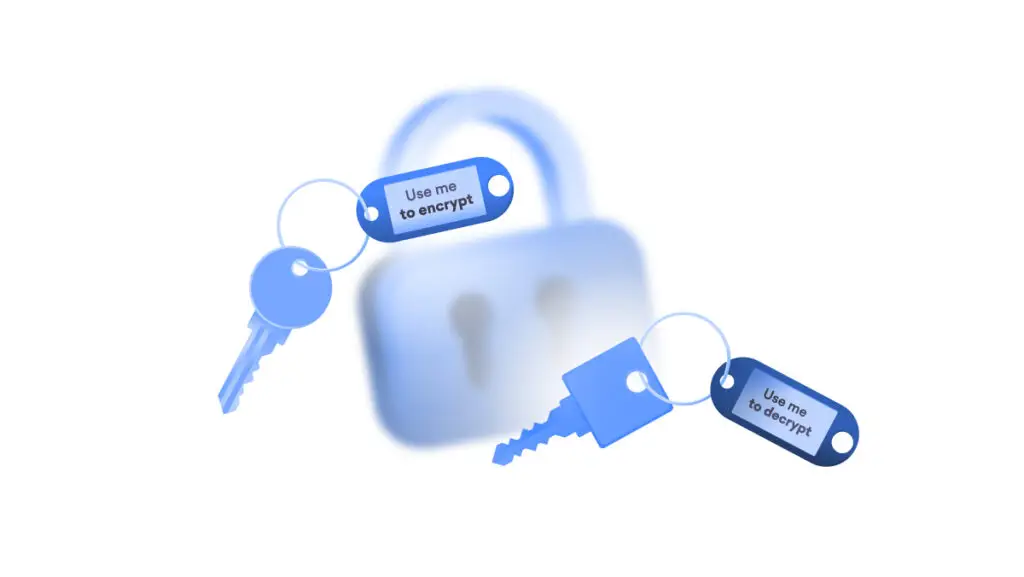 Illustration of two keys labeled "Use me to encrypt" and "Use me to decrypt" in front of a blurred lock. The lock symbolizes cybersecurity, and the keys represent encryption and decryption processes used to fend off cyberthreats. The image uses shades of blue.