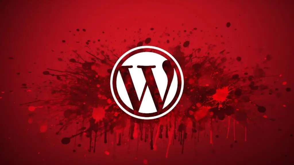 WordPress logo in white within a circle, placed on a red background with splatters of darker red and black, giving a dynamic, artistic effect that evokes a sense of urgency and cybersecurity awareness.