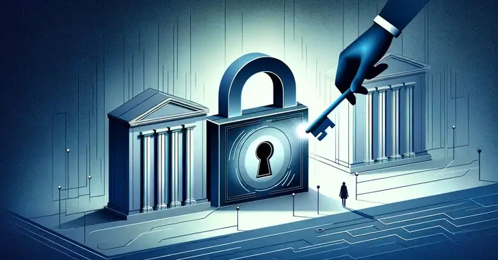 A stylized digital illustration showing a large padlock situated between two classical government-style buildings. A gloved hand holds a key labeled "DOD" towards the padlock, symbolizing cybersecurity. A small human figure stands at the bottom of the image, representing compliance with CMMC standards.