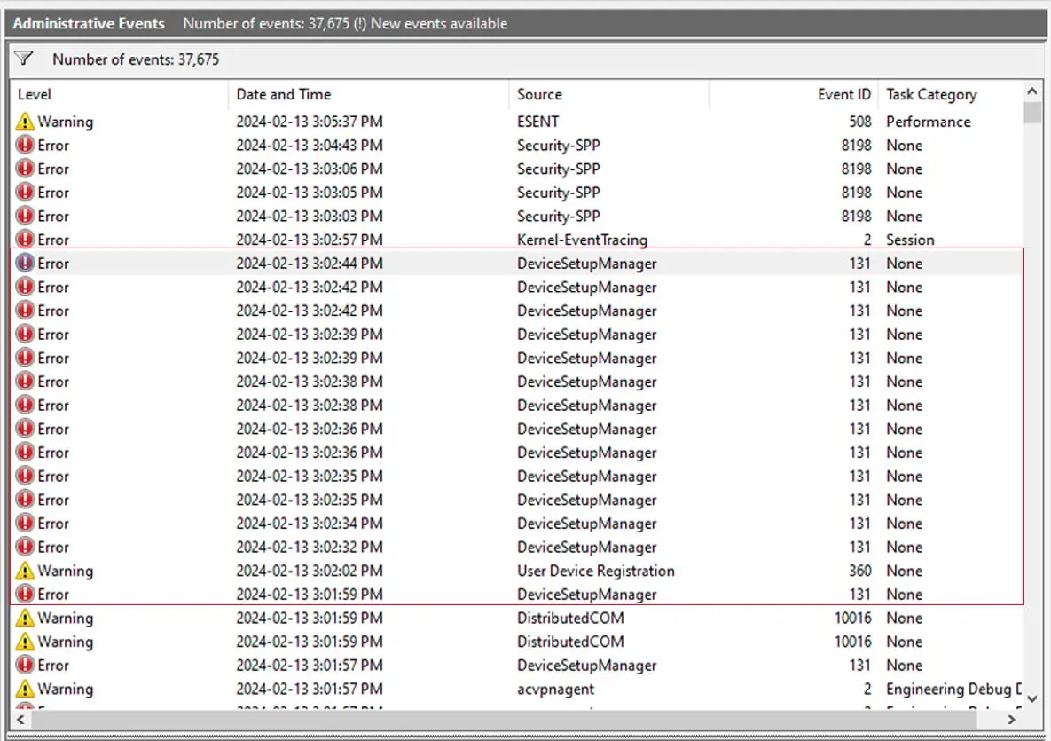 Windows event logs contain 131 errors that were repeated.