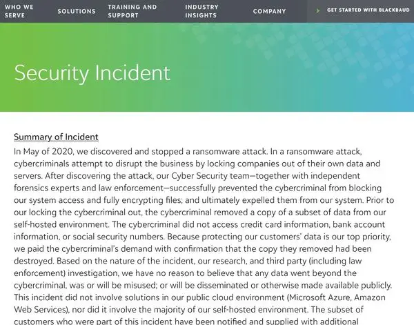 An image of a web page showing a section titled "Security Incident" detailing a summary of a cybersecurity incident in May 2020 involving a ransomware attack. The text describes how the threat was discovered, contained, and what data was affected.