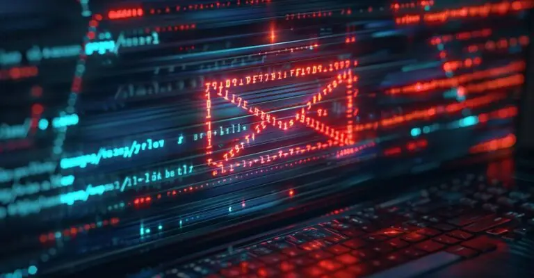 A digital illustration depicts a neon red envelope icon, symbolizing email, surrounded by lines of code in various colors on a dark background. The scene suggests the concept of cybersecurity breaches or email hacking with vibrant, glowing effects, highlighting the importance of using a VPN.