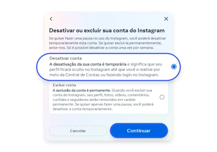 como desativar conta Instagram pelo pc: passo 7