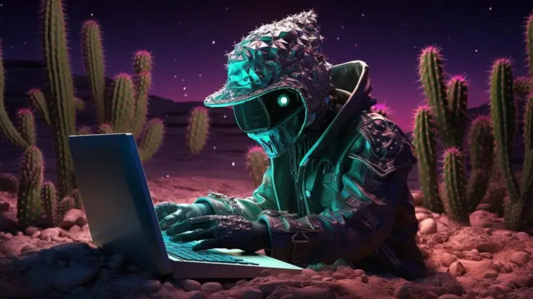 A futuristic figure wearing a spiked, metallic helmet and glowing visor types on a laptop in a surreal desert filled with cacti under a starry night sky. The scene, illuminated by a neon glow, blends cyberpunk aesthetics with nature's backdrop as the warrior fortifies against cyberthreats using their VPN.