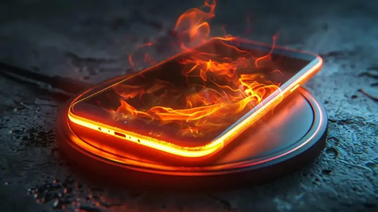 A smartphone is placed on a wireless charging pad, with flames and bright orange light emanating from the device, suggesting it is overheating or catching fire like a cyberthreat. The background is dark and blurred, highlighting the intensity of the flames.