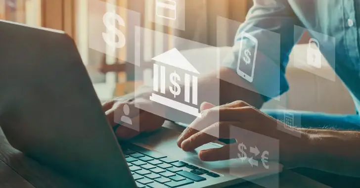 A person typing on a laptop, with virtual icons of banking symbols such as dollar signs, a bank building, a smartphone, and security locks floating around. The image conveys the concept of online banking and digital financial transactions while highlighting the importance of cybersecurity against potential threats.