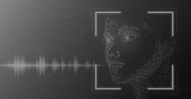 A digital, wireframe illustration of a human face is partially enclosed within a square. To the left of the face, a soundwave representation over a dark background dotted with small points evokes themes of cybersecurity. The image conveys a high-tech, futuristic atmosphere.