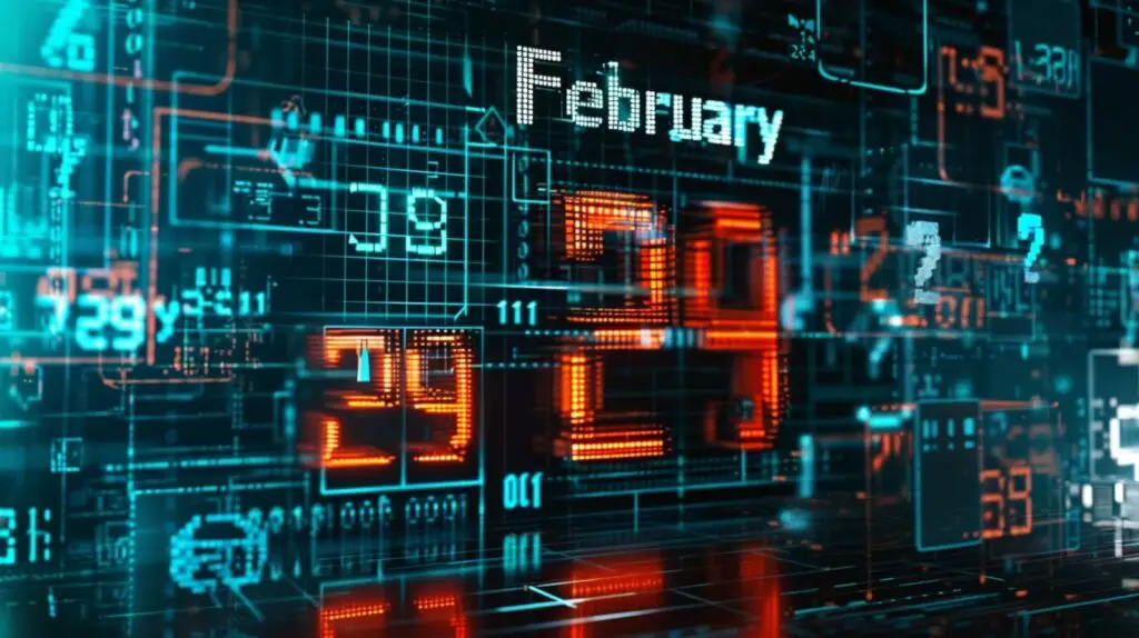 Digital futuristic graphic displaying "February" prominently at the top with the number "29" in large, illuminated digits below. The background features a complex array of grids, lines, and geometric shapes, suggesting a high-tech interface or advanced digital calendar designed with cybersecurity in mind.