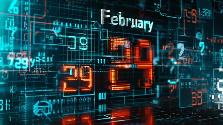 Digital futuristic graphic displaying "February" prominently at the top with the number "29" in large, illuminated digits below. The background features a complex array of grids, lines, and geometric shapes, suggesting a high-tech interface or advanced digital calendar designed with cybersecurity in mind.