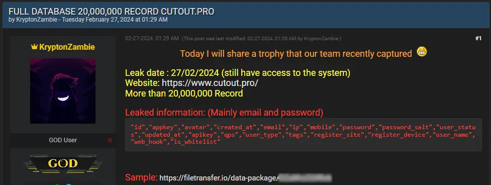 Hacker releasing information on a forum for hacking.