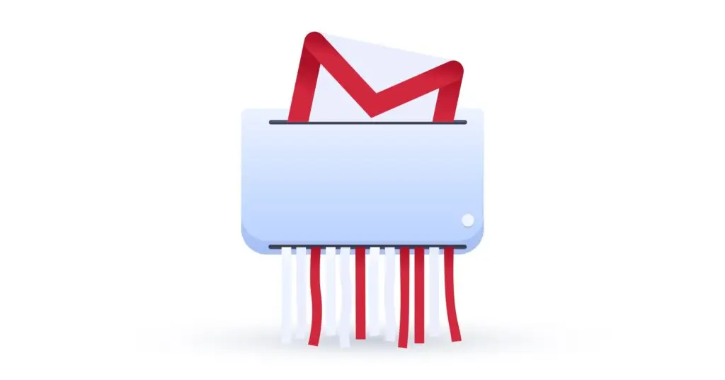 An illustration of a white and light blue paper shredder efficiently shredding an envelope with a red Gmail logo on it, symbolizing secure email disposal. The shredded strips are visible at the bottom, alternating in red and white colors, reflecting CMMC standards.