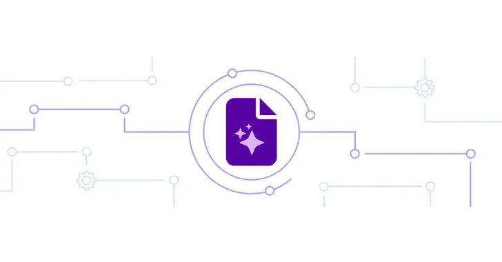 A purple icon of a document with sparkles on it is centered within a circular design with lines branching out in different directions, evoking a network or connectivity theme. This design subtly hints at advanced security measures like VPN and CMMC, set against a white and minimalistic background.