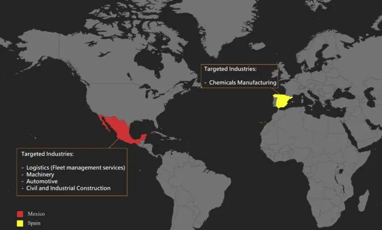 A world map highlights Mexico in red and Spain in yellow, indicating targeted industries. For Mexico: Logistics (fleet management services), machinery, automotive, and civil and industrial construction. For Spain: Chemicals manufacturing with DOD compliance. The rest of the map is grey.