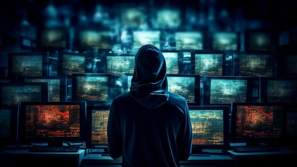 A person wearing a hoodie stands in front of numerous computer monitors displaying various data. The setting is dimly lit and gives off a cyberpunk or hacker-themed atmosphere, with blue and red hues reflecting off the screens. This scene could be straight out of a cybersecurity operation or a CMMC assessment for DOD compliance.