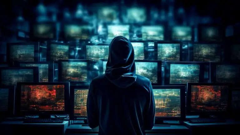 A person wearing a hoodie stands in front of numerous computer monitors displaying various data. The setting is dimly lit and gives off a cyberpunk or hacker-themed atmosphere, with blue and red hues reflecting off the screens. This scene could be straight out of a cybersecurity operation or a CMMC assessment for DOD compliance.