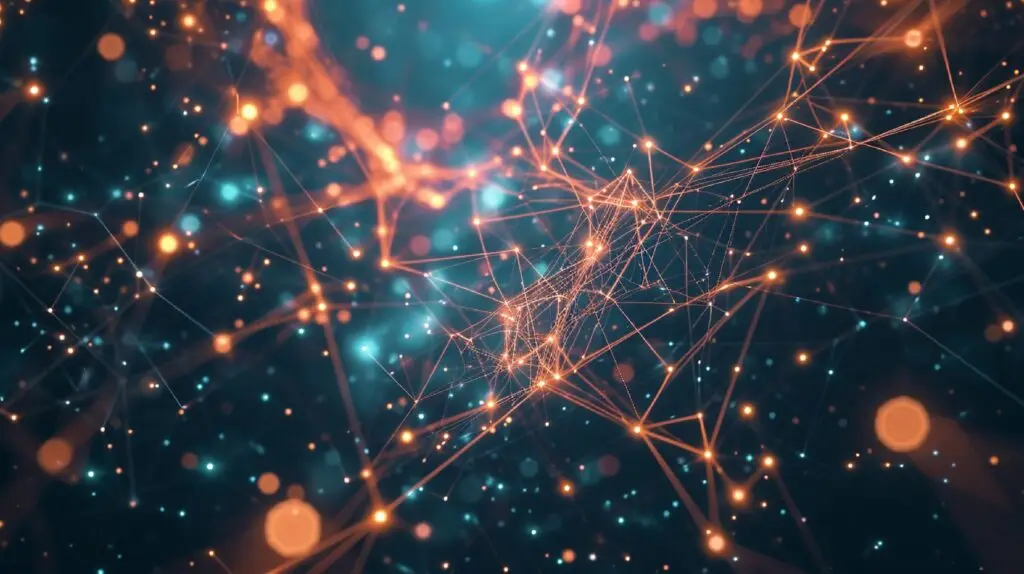 A digital visualization of an abstract network or neural connections is depicted. The image features glowing nodes interconnected by thin, brightly lit lines scattered across a dark background, evoking a sense of complexity and interconnectivity, reminiscent of advanced cybersecurity systems foiling potential threats.